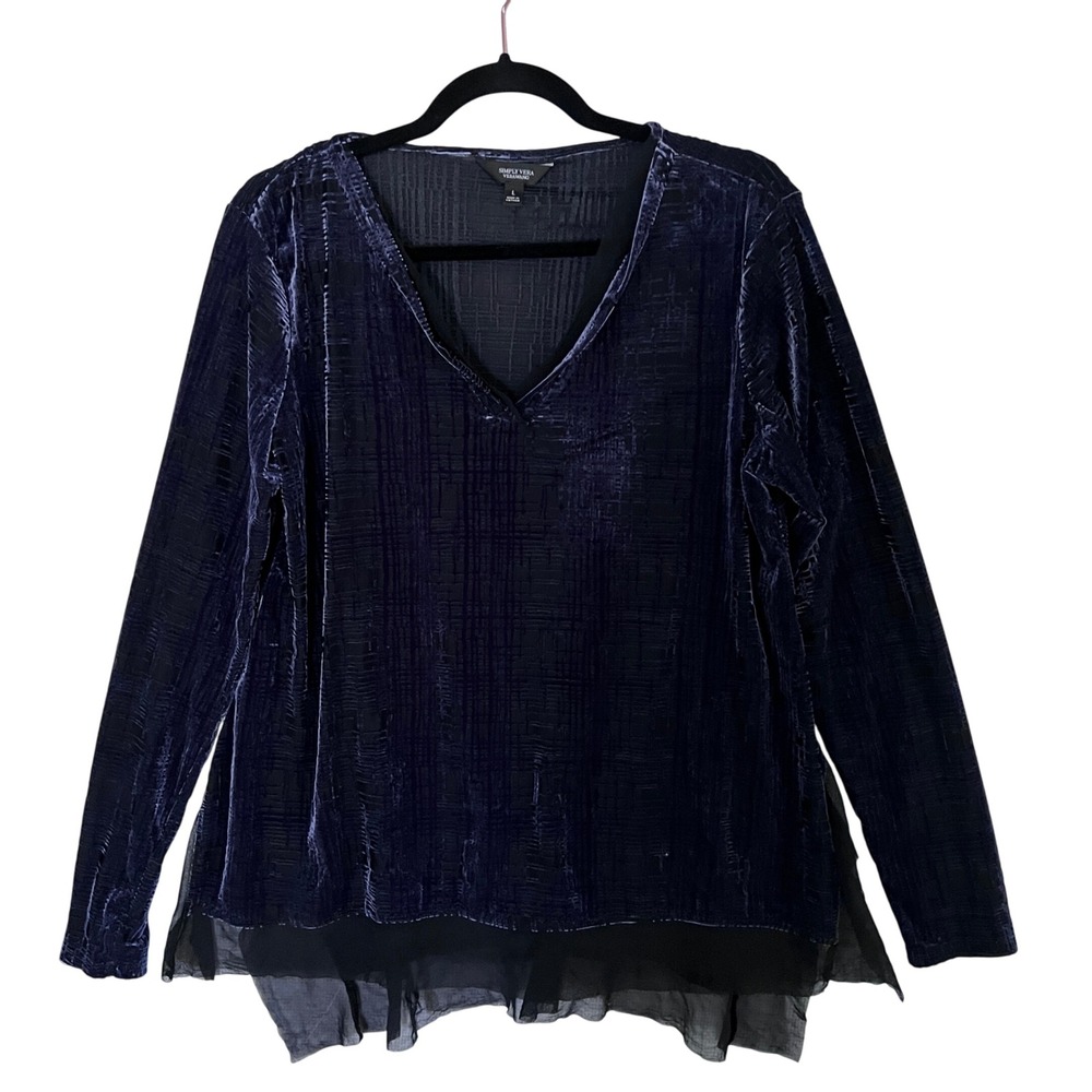 Simply Vera Vera Wang Blue‎ Velvet Long Sleeve Top V-Neck Blouse Size L